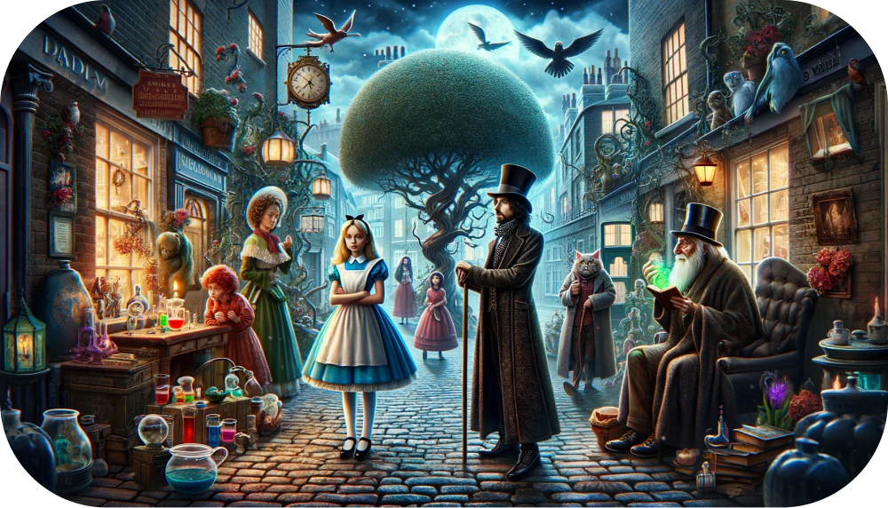 Whimsical characters from classic books chatting.